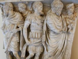 La muerte en Roma iba más allá de lo religioso. Relieve de un sarcófago de mediados del siglo II que representa las etapas de la vida del DIFUNTO: iniciación religiosa, servicio militar y boda.