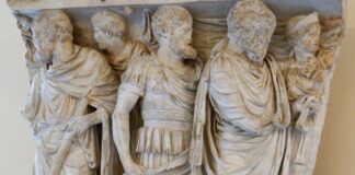 La muerte en Roma iba más allá de lo religioso. Relieve de un sarcófago de mediados del siglo II que representa las etapas de la vida del DIFUNTO: iniciación religiosa, servicio militar y boda.