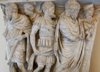 La muerte en Roma iba más allá de lo religioso. Relieve de un sarcófago de mediados del siglo II que representa las etapas de la vida del DIFUNTO: iniciación religiosa, servicio militar y boda.