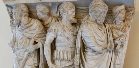 La muerte en Roma iba más allá de lo religioso. Relieve de un sarcófago de mediados del siglo II que representa las etapas de la vida del DIFUNTO: iniciación religiosa, servicio militar y boda.