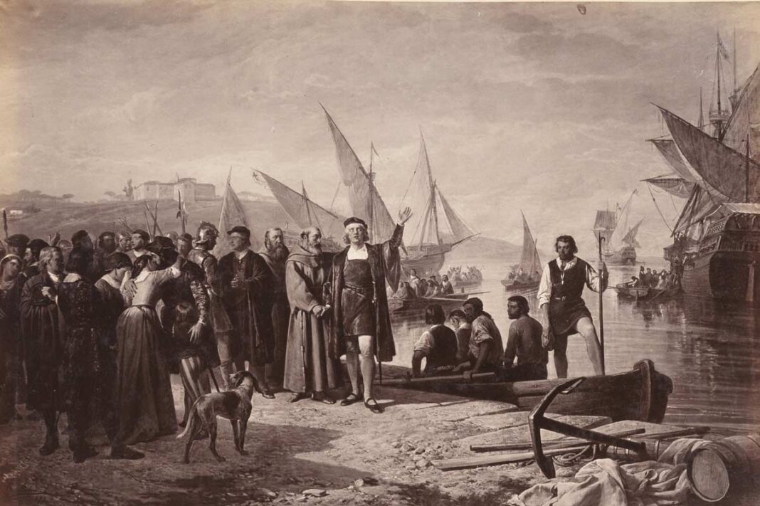 Cristóbal-Colón-pide-permiso-al-príor-de-La-Rábida-para-ir-a-descubrir-América Cristóbal Colón pide permiso al príor de La Rábida para ir a descubrir América, realizado por J. Laurent y Cía, sobre una obra original de Ricardo Balaca y Orejas Canseco, hacia 1879.