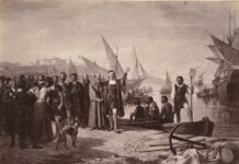 Los estudios hispanistas en toda su complejidad Cristóbal Colón pide permiso al príor de La Rábida para ir a descubrir América, realizado por J. Laurent y Cía, sobre una obra original de Ricardo Balaca y Orejas Canseco, hacia 1879.