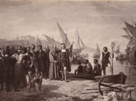 Los estudios hispanistas en toda su complejidad Cristóbal Colón pide permiso al príor de La Rábida para ir a descubrir América, realizado por J. Laurent y Cía, sobre una obra original de Ricardo Balaca y Orejas Canseco, hacia 1879.