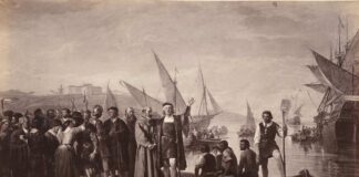 Cristóbal Colón pide permiso al príor de La Rábida para ir a descubrir América, realizado por J. Laurent y Cía, sobre una obra original de Ricardo Balaca y Orejas Canseco, hacia 1879.