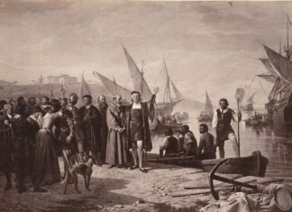 Cristóbal Colón pide permiso al príor de La Rábida para ir a descubrir América, realizado por J. Laurent y Cía, sobre una obra original de Ricardo Balaca y Orejas Canseco, hacia 1879.