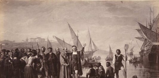 Los estudios hispanistas en toda su complejidad Cristóbal Colón pide permiso al príor de La Rábida para ir a descubrir América, realizado por J. Laurent y Cía, sobre una obra original de Ricardo Balaca y Orejas Canseco, hacia 1879.