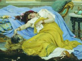 CON LA CABEZA DE CICERÓN, por Pavel Svedomsy, 1870. El historiador Dión relató cómo Fulvia profanó los restos de su enemigo, expuestos en el Foro.