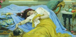 Fulvia, matrona de armas tomar CON LA CABEZA DE CICERÓN, por Pavel Svedomsy, 1870. El historiador Dión relató cómo Fulvia profanó los restos de su enemigo, expuestos en el Foro.
