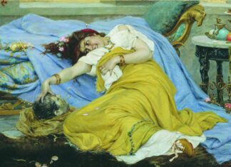 Fulvia, matrona de armas tomar CON LA CABEZA DE CICERÓN, por Pavel Svedomsy, 1870. El historiador Dión relató cómo Fulvia profanó los restos de su enemigo, expuestos en el Foro.
