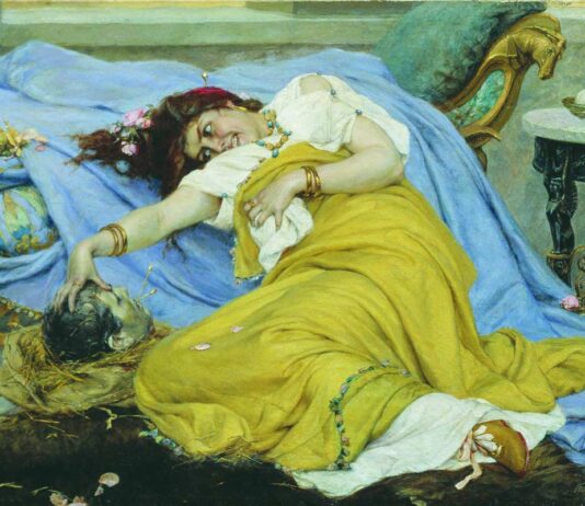 Fulvia, matrona de armas tomar CON LA CABEZA DE CICERÓN, por Pavel Svedomsy, 1870. El historiador Dión relató cómo Fulvia profanó los restos de su enemigo, expuestos en el Foro.