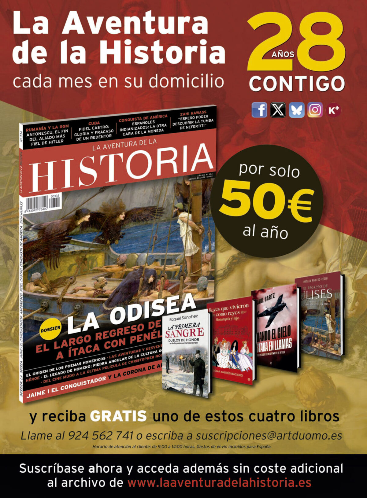 Oferta de suscripción a la revista La Aventura de la Historia, correspondiente al mes de agosto de 2026.