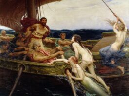 La Odisea: cíclopes, vientos, ninfas y sirenas "Ulises y las sirenas", por Herbert James Draper, 1909, Ferens Art Gallery (Reino Unido).
