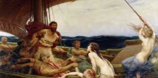La Odisea: cíclopes, vientos, ninfas y sirenas "Ulises y las sirenas", por Herbert James Draper, 1909, Ferens Art Gallery (Reino Unido).
