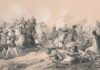 Grabado que recrea la acción del conquistador extremeño hernán cortés al frente de sus hombres contra la población nativa en la batalla de Tabasco.