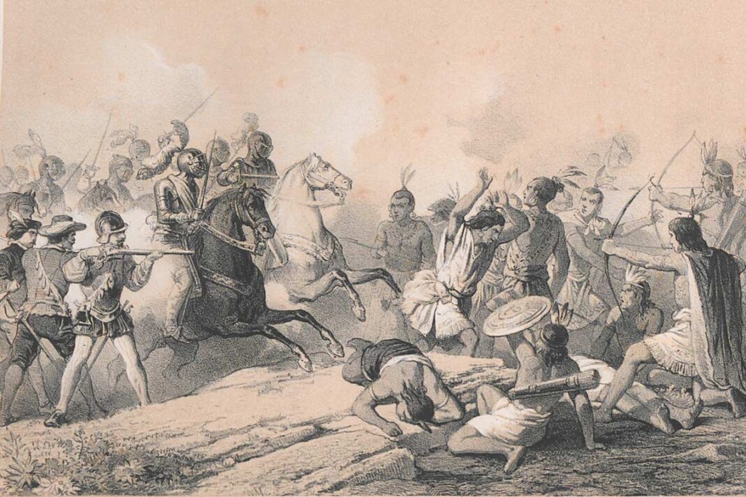 Grabado-que-recrea-la-acción-del-conquistador-extremeño-hernán-cortés-al-frente-de-sus-hombres-contra-la-población-nativa-en-la-batalla-de-Tabasco. Grabado que recrea la acción del conquistador extremeño hernán cortés al frente de sus hombres contra la población nativa en la batalla de Tabasco.
