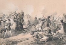 Grabado que recrea la acción del conquistador extremeño hernán cortés al frente de sus hombres contra la población nativa en la batalla de Tabasco.