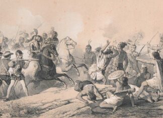 Grabado que recrea la acción del conquistador extremeño hernán cortés al frente de sus hombres contra la población nativa en la batalla de Tabasco.