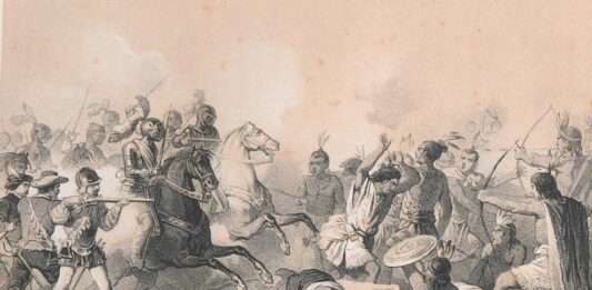 El protagonismo de las crónicas sobre América Grabado que recrea la acción del conquistador extremeño hernán cortés al frente de sus hombres contra la población nativa en la batalla de Tabasco.
