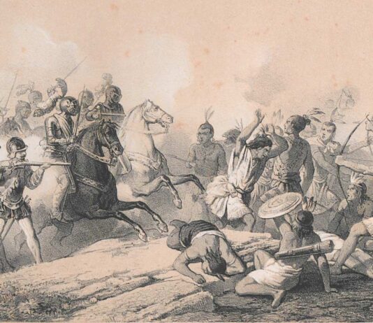 El protagonismo de las crónicas sobre América Grabado que recrea la acción del conquistador extremeño hernán cortés al frente de sus hombres contra la población nativa en la batalla de Tabasco.