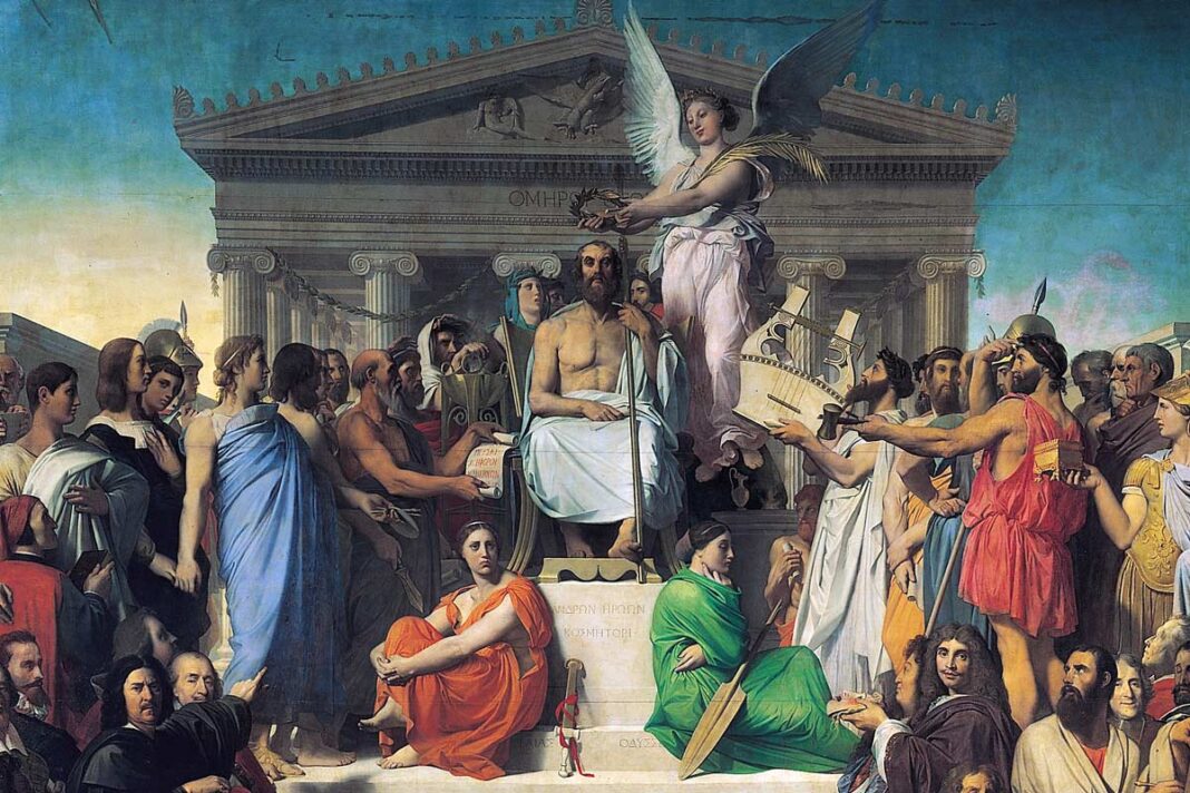 Jean_Auguste_Dominique_Ingres,_Apotheosis_of_Homer,_1827-apert La Apoteosis de Homero, por Dominique Ingres, 1827 (Museo del Louvre). El célebre poeta de la antigua Grecia, coronado por la fama, aparece rodeado de literatos y artistas de todas las épocas.