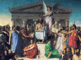 La Apoteosis de Homero, por Dominique Ingres, 1827 (Museo del Louvre). El célebre poeta de la antigua Grecia, coronado por la fama, aparece rodeado de literatos y artistas de todas las épocas.