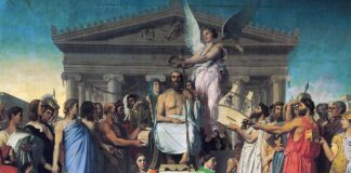La Apoteosis de Homero, por Dominique Ingres, 1827 (Museo del Louvre). El célebre poeta de la antigua Grecia, coronado por la fama, aparece rodeado de literatos y artistas de todas las épocas.