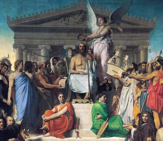 La Apoteosis de Homero, por Dominique Ingres, 1827 (Museo del Louvre). El célebre poeta de la antigua Grecia, coronado por la fama, aparece rodeado de literatos y artistas de todas las épocas.