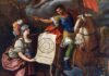 Alegoría de la diosa de la sabiduría y las ciencias Minerva junto a Sertorio con un plano que representa la “universidad” que fundó en Osca (Huesca) para educar a los indígenas.