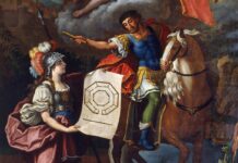 Alegoría de la diosa de la sabiduría y las ciencias Minerva junto a Sertorio con un plano que representa la “universidad” que fundó en Osca (Huesca) para educar a los indígenas.