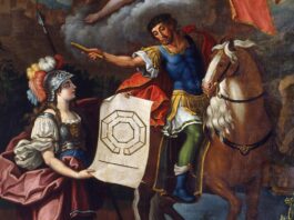 Alegoría de la diosa de la sabiduría y las ciencias Minerva junto a Sertorio con un plano que representa la “universidad” que fundó en Osca (Huesca) para educar a los indígenas.