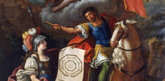 Alegoría de la diosa de la sabiduría y las ciencias Minerva junto a Sertorio con un plano que representa la “universidad” que fundó en Osca (Huesca) para educar a los indígenas.