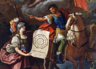 Alegoría de la diosa de la sabiduría y las ciencias Minerva junto a Sertorio con un plano que representa la “universidad” que fundó en Osca (Huesca) para educar a los indígenas.