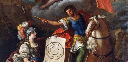 Alegoría de la diosa de la sabiduría y las ciencias Minerva junto a Sertorio con un plano que representa la “universidad” que fundó en Osca (Huesca) para educar a los indígenas.