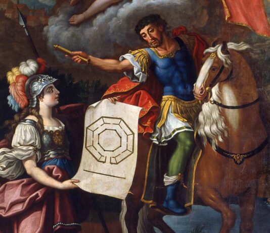 La aventura de Sertorio en Hispania Alegoría de la diosa de la sabiduría y las ciencias Minerva junto a Sertorio con un plano que representa la “universidad” que fundó en Osca (Huesca) para educar a los indígenas.