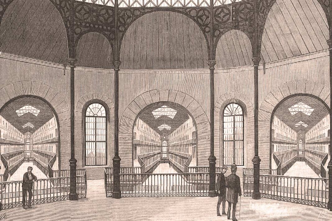 Perspectiva_de_la_segunda,_tercera_y_cuarta_galerías_de_celdas,_dibujo_de_Nao Perspectiva de la segunda, tercera y cuarta galerías de celdas, dibujo de Manuel Nao, grabado de Bernardo Rico.