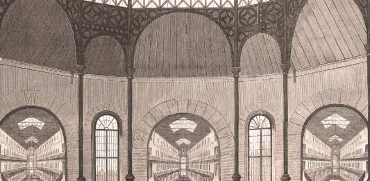 Una historia inédita sobre las cárceles españolas Perspectiva de la segunda, tercera y cuarta galerías de celdas, dibujo de Manuel Nao, grabado de Bernardo Rico.