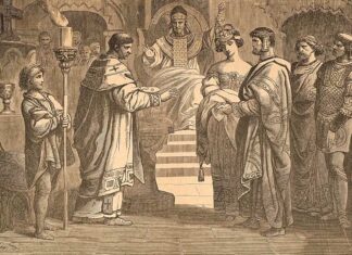 Serena, una hispana al frente de la Roma imperial Teodosio le entrega a Stillicho a su sobrina Serena por esposa, según un grabado del siglo XIX.