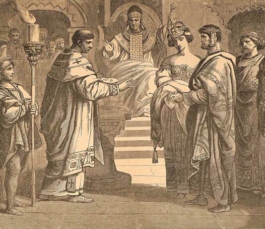 Serena, una hispana al frente de la Roma imperial Teodosio le entrega a Stillicho a su sobrina Serena por esposa, según un grabado del siglo XIX.