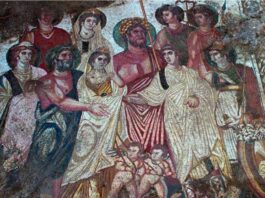 Los mosaicos de La Malena LA BODA DE CADMO Y HARMONÍA, mosaico que recrea un episodio mitológico escasamente representado en el mundo clásico.