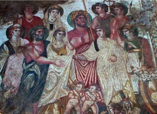 Los mosaicos de La Malena LA BODA DE CADMO Y HARMONÍA, mosaico que recrea un episodio mitológico escasamente representado en el mundo clásico.