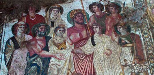Los mosaicos de La Malena LA BODA DE CADMO Y HARMONÍA, mosaico que recrea un episodio mitológico escasamente representado en el mundo clásico.