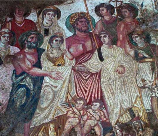 LA BODA DE CADMO Y HARMONÍA, mosaico que recrea un episodio mitológico escasamente representado en el mundo clásico.