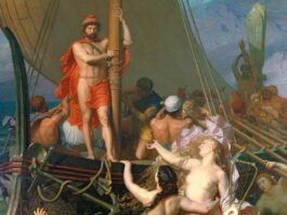 Ulises: buscando un mito en Ítaca Odiseo atado al mástil de su barco tratando de vencer la atracción de las sirenas. Cuadro de Léon Belly Las sirenas (Museo de l'Hotel Sandelin, Saint Omer, Francia).