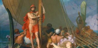 Odiseo atado al mástil de su barco tratando de vencer la atracción de las sirenas. Cuadro de Léon Belly Las sirenas (Museo de l'Hotel Sandelin, Saint Omer, Francia).