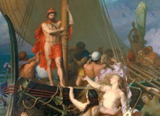 Ulises: buscando un mito en Ítaca Odiseo atado al mástil de su barco tratando de vencer la atracción de las sirenas. Cuadro de Léon Belly Las sirenas (Museo de l'Hotel Sandelin, Saint Omer, Francia).
