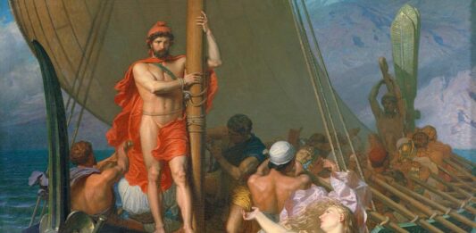 Ulises: buscando un mito en Ítaca Odiseo atado al mástil de su barco tratando de vencer la atracción de las sirenas. Cuadro de Léon Belly Las sirenas (Museo de l'Hotel Sandelin, Saint Omer, Francia).