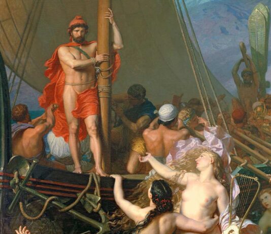 Ulises: buscando un mito en Ítaca Odiseo atado al mástil de su barco tratando de vencer la atracción de las sirenas. Cuadro de Léon Belly Las sirenas (Museo de l'Hotel Sandelin, Saint Omer, Francia).