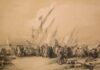 Despedida de Cristóbal Colón en Palos de la Frontera. Litografía extraída de la obra "De Historia de la Real Marina Española", de José March y Labores y José Ferrer de Couto.