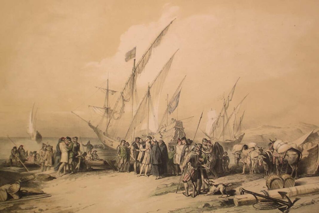 Despedida_de_Colón_en_Palos_de_la_Frontera Despedida de Cristóbal Colón en Palos de la Frontera. Litografía extraída de la obra "De Historia de la Real Marina Española", de José March y Labores y José Ferrer de Couto.