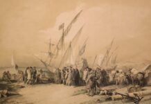 Despedida de Cristóbal Colón en Palos de la Frontera. Litografía extraída de la obra "De Historia de la Real Marina Española", de José March y Labores y José Ferrer de Couto.